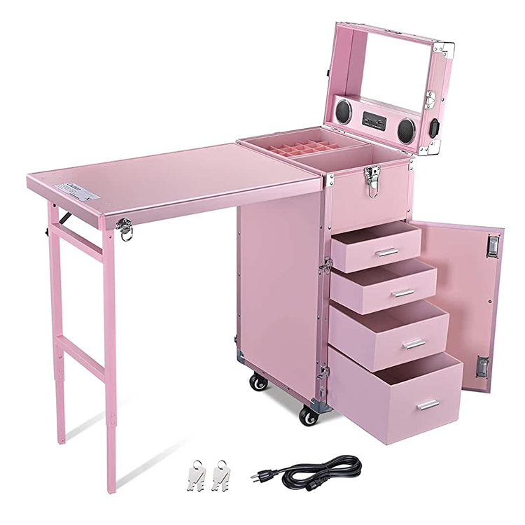 Portable Multifunctional Makeup Trolley Case Pink Nail Table